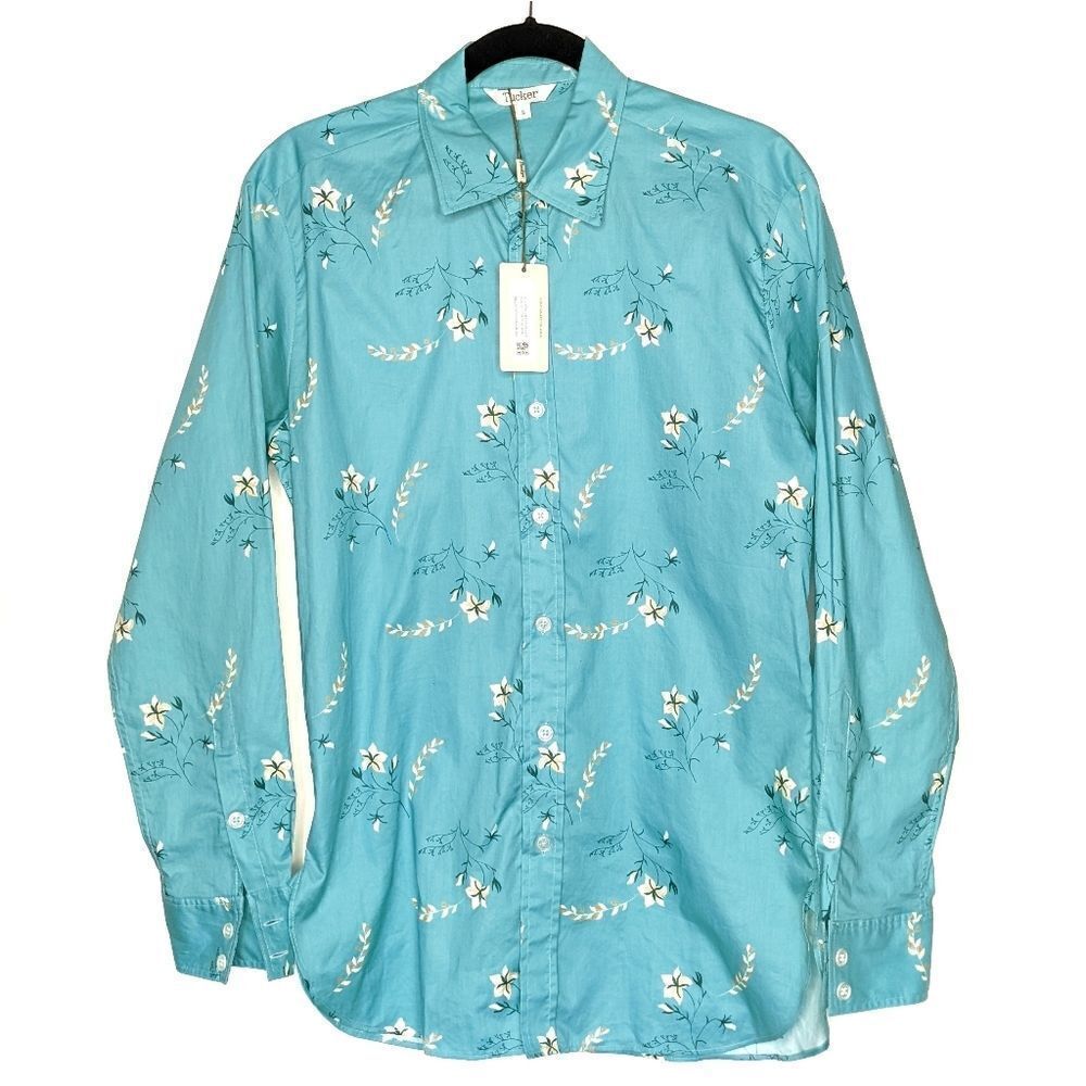 Tucker Tailored Tenzin Button Up Aqua Wildflowers in Light Weight Cotton